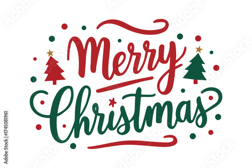 merry christmas greeting with red green text and stylized christmas trees on white background