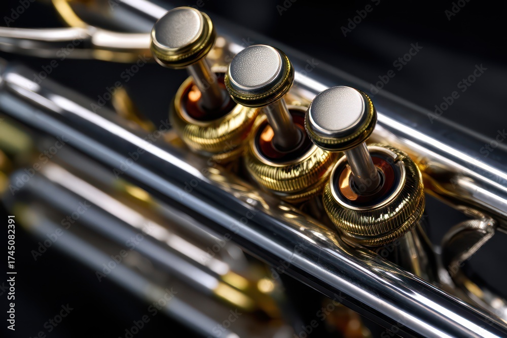 Naklejka premium Close-up of Trumpet Valves and Brass Surface Reflections