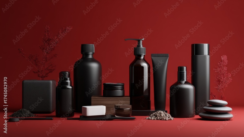Black cosmetic bottles and jars arranged on red background elegant modern product display