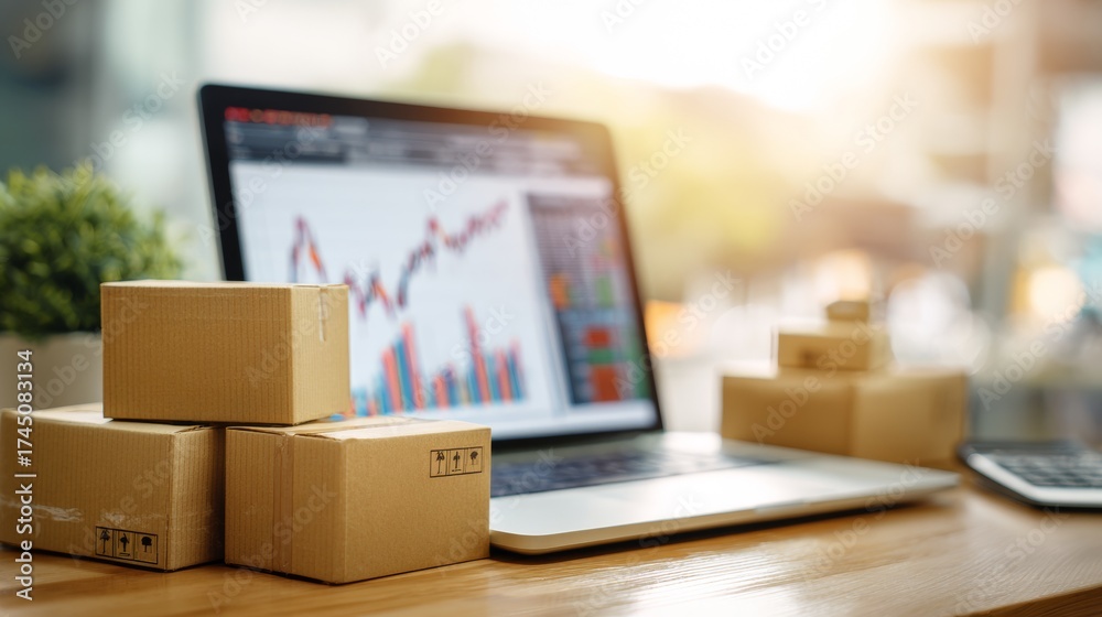 Naklejka premium Cardboard boxes with laptop computer showing stock chart financial e commerce delivery concept