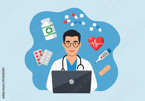 Modern Digital Healthcare Physician Engaged in Telemedicine via Laptop Surrounded by Medical Supplies