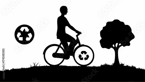 Person cycles for green living with tree and recycling symbol promoting eco-friendly transport