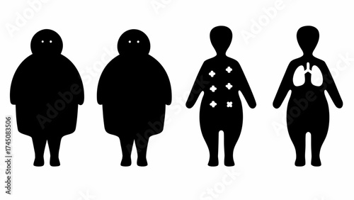 Silhouettes show progressive health stages from obesity to internal organ health representation