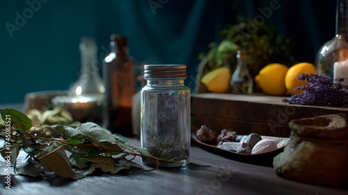 Wallpaper Mural Glass jars with herbs fruits and salt on wooden surface natural composition design Torontodigital.ca