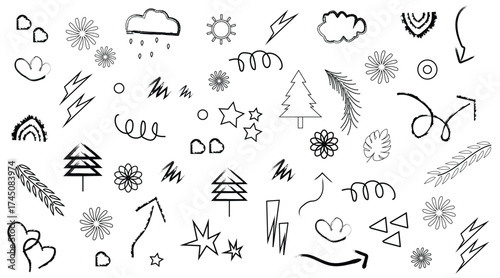 Hand drawn doodle elements, Collection of abstract sketch symbols including flowers trees and lightning icons, Artistic black ink doodle shapes and line drawings for creative design projects