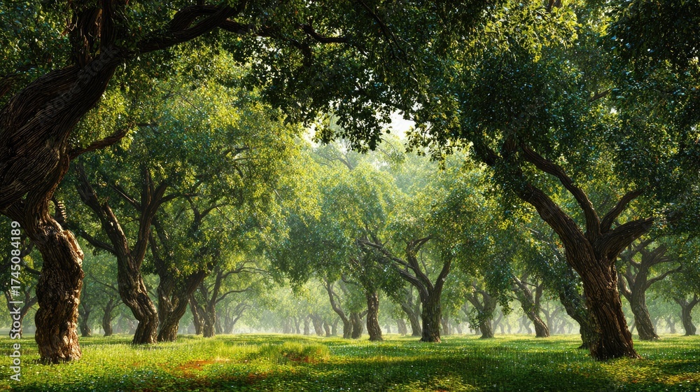 Fototapeta premium Dewy Morning Camphor tree field panorama