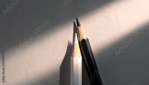 Pencils leaning on each other with long shadow