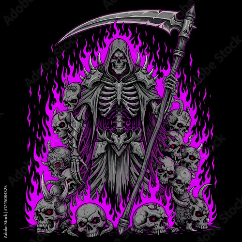 Epic Grim Reaper with Scythe and Burning Skulls Illustration for Metal Band Merch