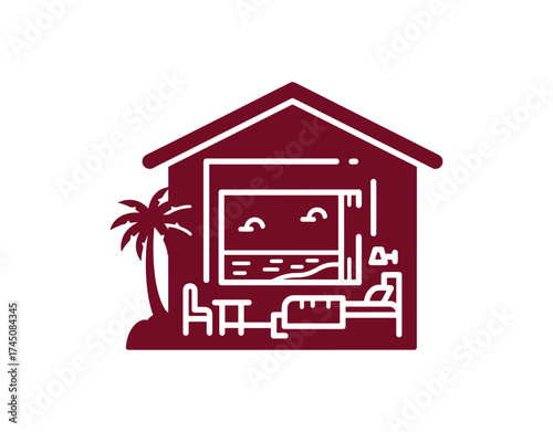 Beach hut icon. A cozy hotel room right on the beach. The ideal spot to unwind. Ocean view. Relaxation idea. Solid filled sign. Isolated silhouette vector graphic.