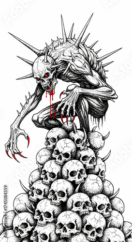Terrifying Spiked Skull Monster Perched Atop a Pile of Human Skulls Dark Fantasy Art