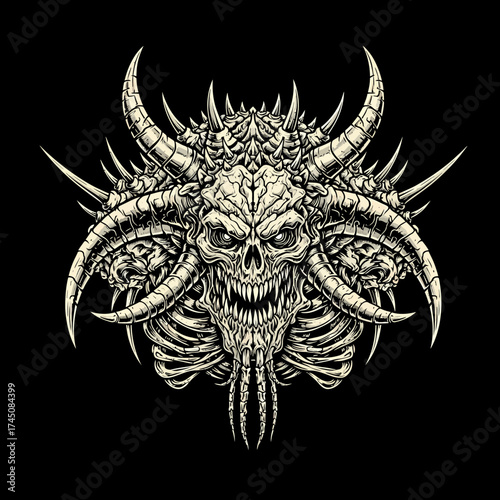 Aggressive Horned Demon Skull Emblem in Detailed Black and White Engraving Style