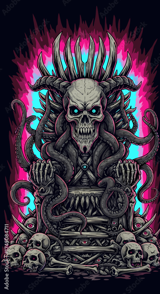 Fototapeta premium Macabre Skull King on Bone Throne with Glowing Tentacles and Neon Flames