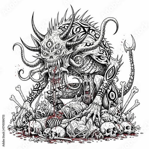 Fierce Demonic Monster Illustration Sitting on Pile of Skulls and Bones Black and White Art