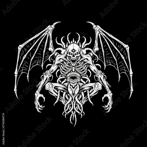 Gothic Skeleton Demon with Wings and Tentacles Macabre Horror Vector Art