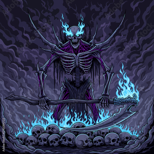 Menacing Grim Reaper Skeleton Warrior with Glowing Blue Flames and Scythe
