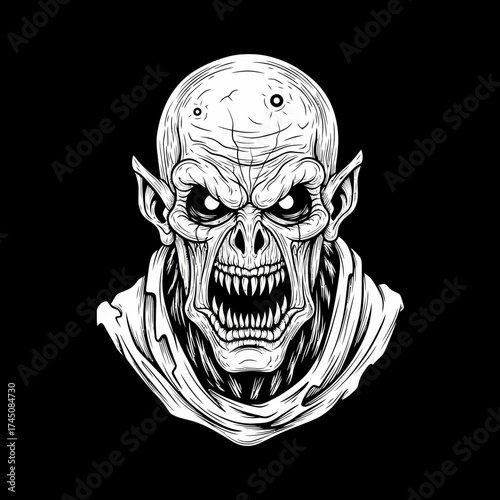 Fierce Undead Vampire Monster Face Illustration Black and White Horror Graphic