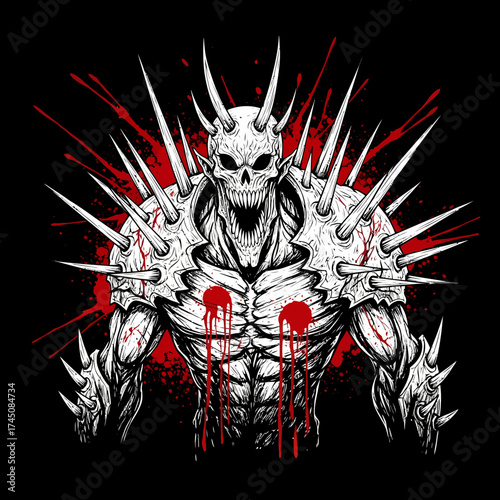 Fearsome Spiked Demonic Monster Skull Warrior Illustration with Blood Splatter