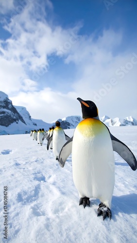 Penguins walking in a line, snowy Antarctic landscape