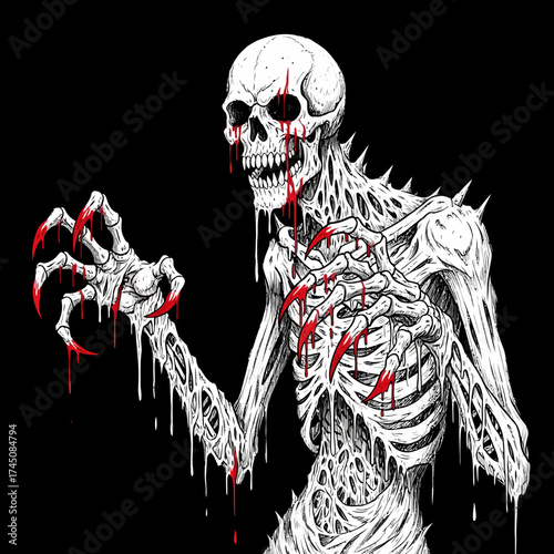 Terrifying Demonic Skeleton Monster with Dripping Blood Claws and Empty Eyes Dark Art Illustration