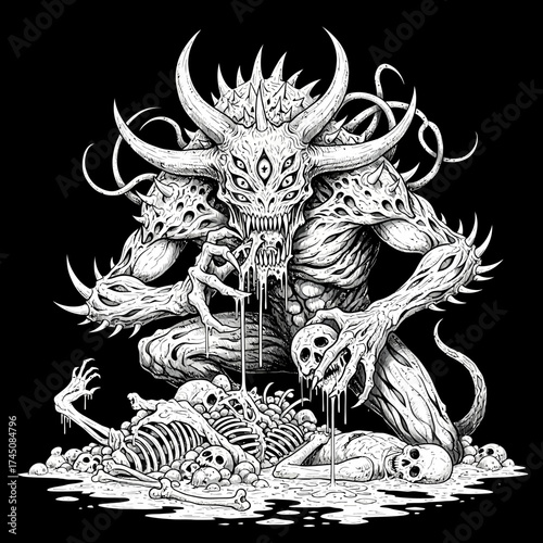 Fearsome Multi Eyed Demon Monster Devouring a Skeleton in Black and White Horror Art