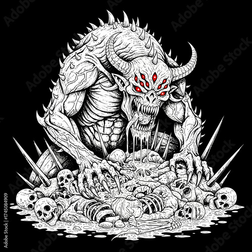 Monstrous Demon Creature with Horns and Multiple Eyes Emerging from Skulls in Black and White Ink Style