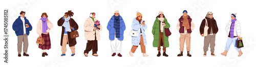Set of people in fashion winter clothes. Frozen men and women from cold weather are wearing outerwear- coat, jacket, scarf, hat and sweater. Flat isolated vector illustrations on white background