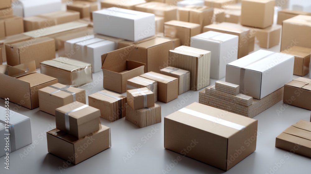 Fototapeta premium Wooden boxes stacked together displayed on neutral background industrial packaging composition design