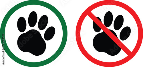 Vector art of two paw print icons, one allowed and one prohibited