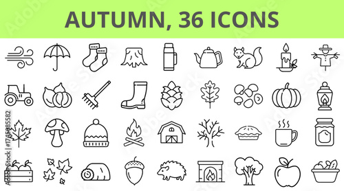 Autumn theme icon set with fall season elements and objects. Black outline style vector illustration for web design, app, infographic