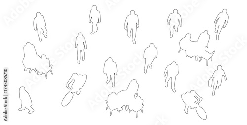 CAD Drawings. Outline Set people isolated on white background. Sitting, walking, running, cycling. Top view. Vector illustration.