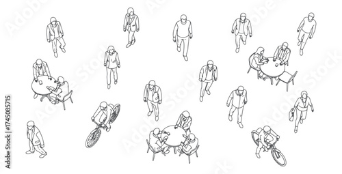 CAD Drawings. Set people outlines isolated on white background. Sitting, walking, running, cycling. Top view. Vector illustration.