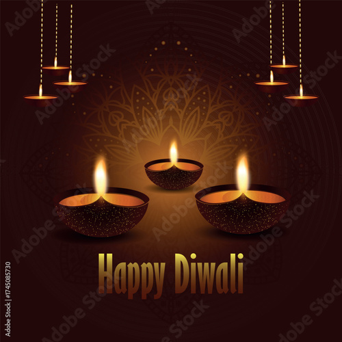 Happy Diwali greeting with three brightly lit earthen diyas in the foreground and hanging oil lamps on a dark, mandala-patterned background. A warm, glowing illustration of the festival of lights.