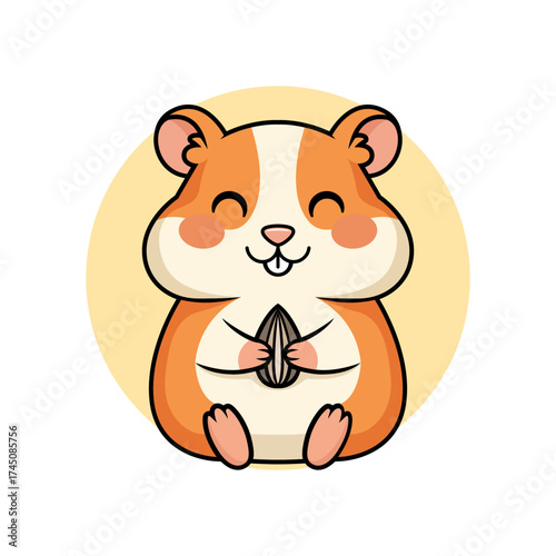 Adorable cartoon hamster mascot holding a sunflower seed. A cute rodent character design, perfect as a vector graphic logo element