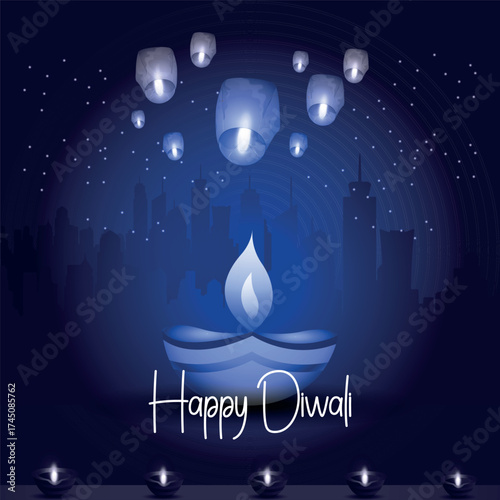 A Happy Diwali greeting card with a luminous diya oil lamp and sky lanterns floating over a stylized, dark blue city skyline under a starry night. Elegant monochromatic design.