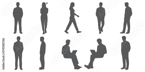 CAD Drawings. Silhouette Set people isolated on white background. Walking, standing, talking etc. Vector illustration.