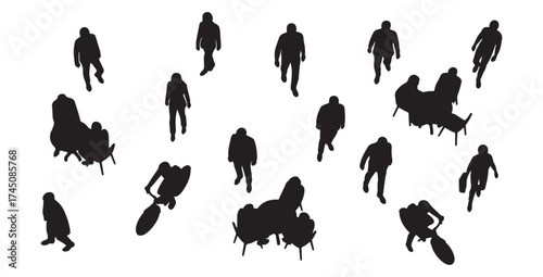 CAD Drawings. Silhouette Set people outlines isolated on white background. Sitting, walking, running, cycling. Top view. Vector illustration.