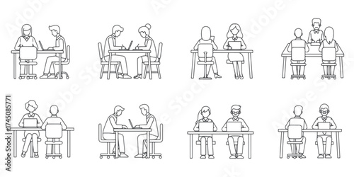 CAD Drawings. Set people working on the table outlines isolated on white background. Side view. Vector illustration.