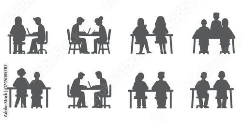 CAD Drawings. Silhouette Set people working on the table outlines isolated on white background. Side view. Vector illustration.