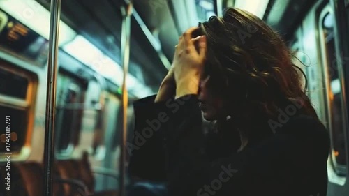 Lonely office woman commuting on new york subway after work reflecting on life purpose amid city lights and quiet solitude