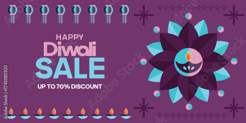 Bold purple Happy Diwali Sale banner with a 70% discount. Features a large, abstract lotus flower design containing a diya, a row of lamps below, and hanging lanterns above.