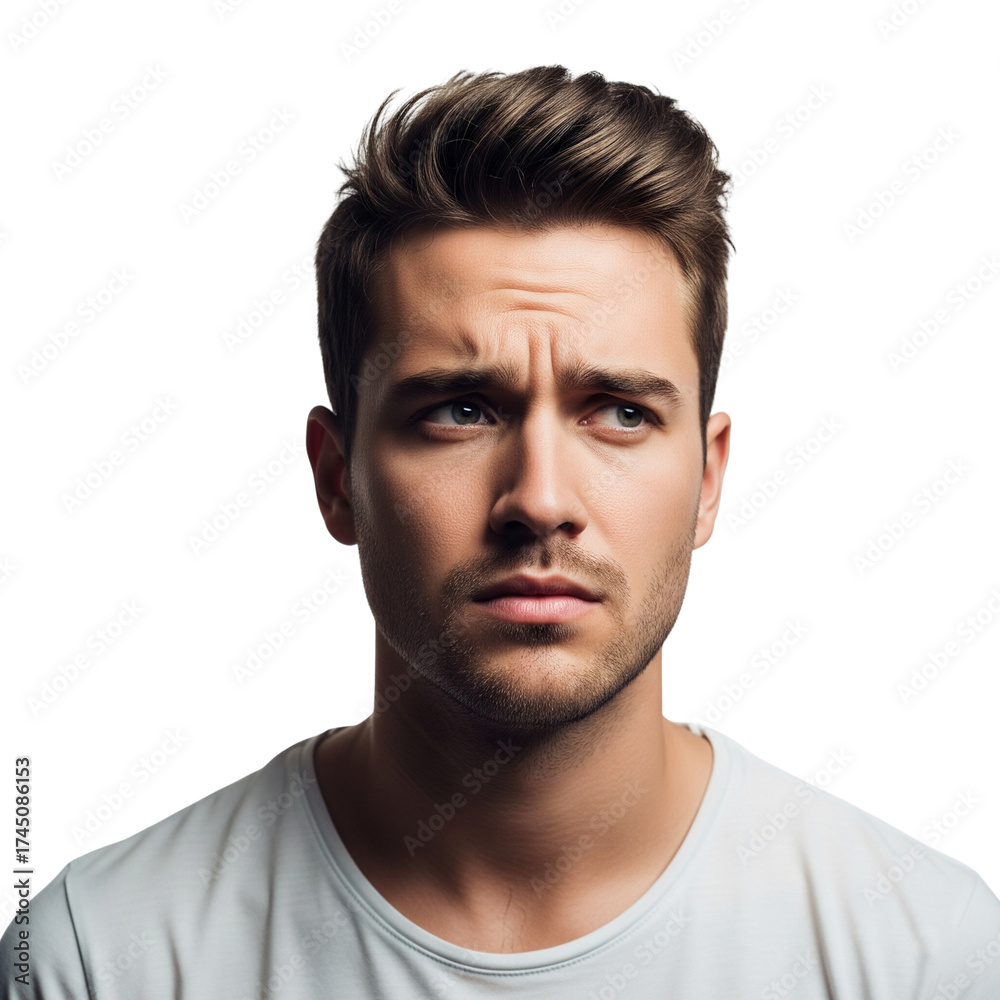Obraz premium portrait of man with hand on chin and furrowed brow on Isolated transparent background png. generated with AI