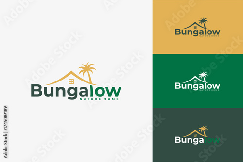Tropical bungalow home logo design combining house shape and coconut tree for nature resort, eco brand, or real estate identity