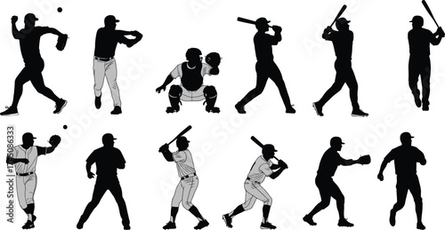 Baseball silhouettes, pitching motion, batting stance, catcher pose, fielding action, sports movement, dynamic posture, black figures, athletic game, teamwork