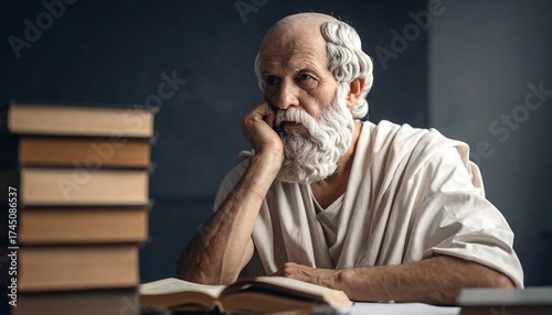Pensive Elder in Classic Attire Beside Books, Interior Scene