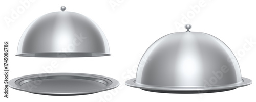 Set tray with cloche ready to serve isolated on white background. 3d render service, restaurant, horeca and first class service concept