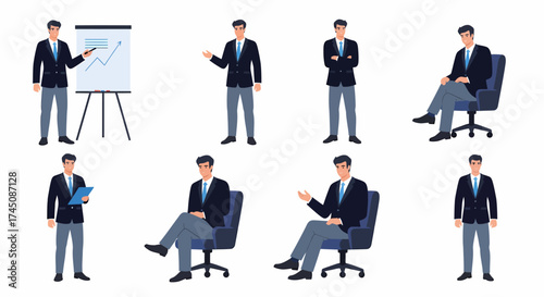Set of Business Man Poses Presentation Standing Sitting Gesturing for Corporate Concepts