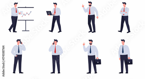 Businessman Character Set Diverse Poses for Corporate Presentations and Business Concepts