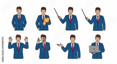 Businessman Character Set Multiple Poses for Presentation Business and Marketing Concepts