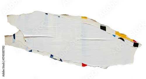 Torn piece of white paper with colorful fragments showing through from underlying layers