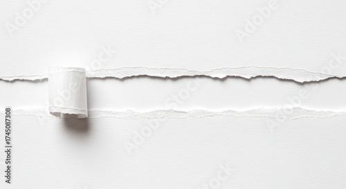 Torn white paper with a curled edge reveals an empty space between the remaining sections